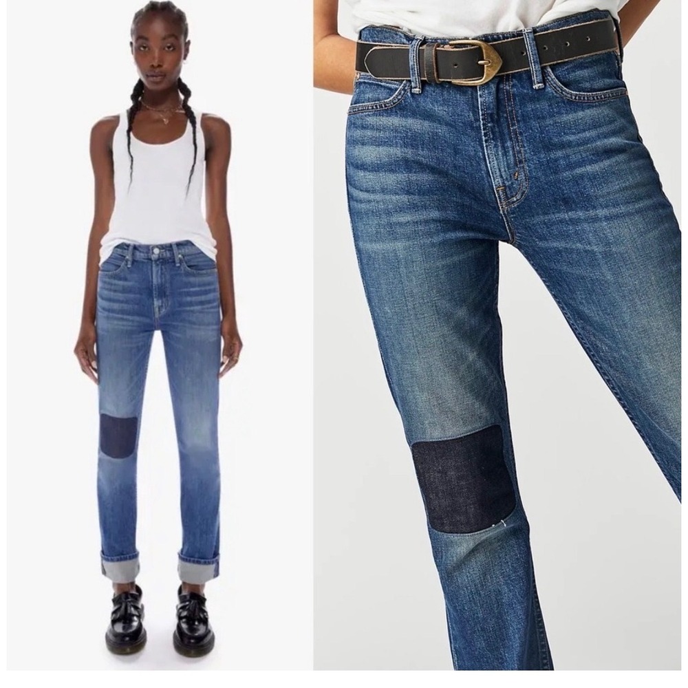 Mother Superior The Doxie Ankle Cuff Jeans Beer Me Blue Knee Patch Straight 30